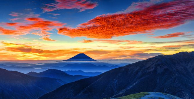 Mount Fuji, clouds, sunset, panaromic wallpaper