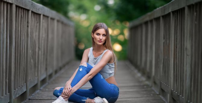 Blue torn jeans, sit, bridge, girl model wallpaper