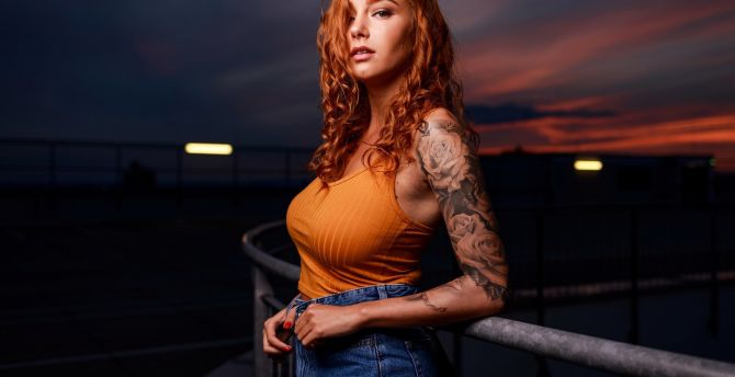 Woman with tattoo, redhead wallpaper