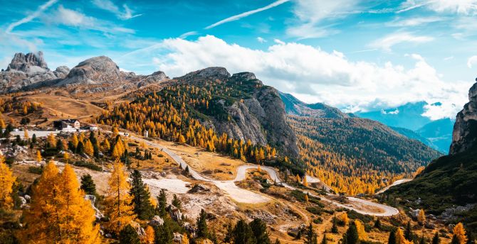 Italy mountains, autumn, forest, aerial view, curvy roads wallpaper