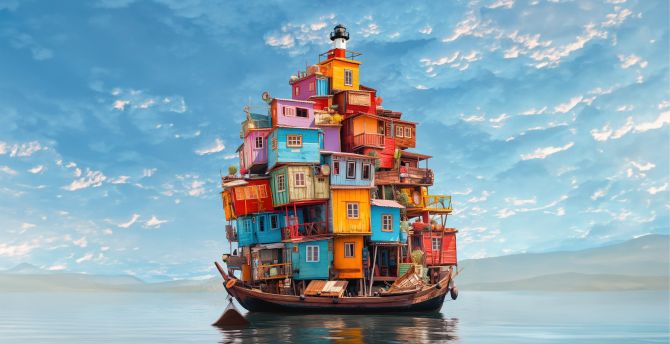 Boat with houses, colorful, art wallpaper
