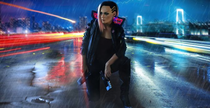 Girl and gun, video game, cyberpunk 2077 wallpaper