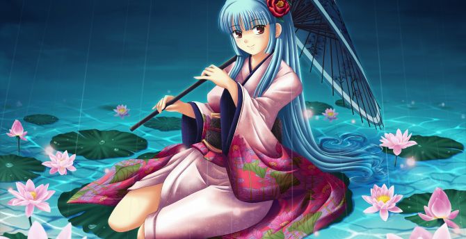 Pond, lake, flowers, anime girl, rain, umbrella wallpaper