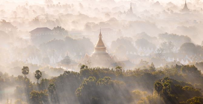 Mandalay, horizon, tree, sunrise, dawn, nature, fog wallpaper