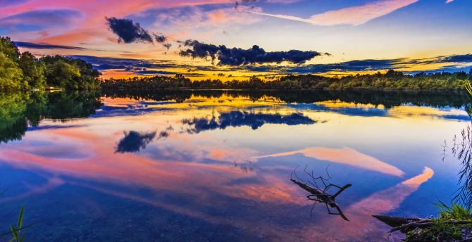 Lake, sunset, reflections, colorful sky, nature wallpaper