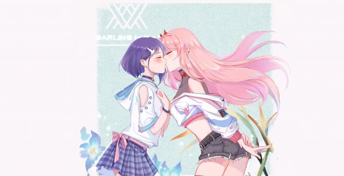 Ichigo and zero two, kiss, anime girls, artwork wallpaper