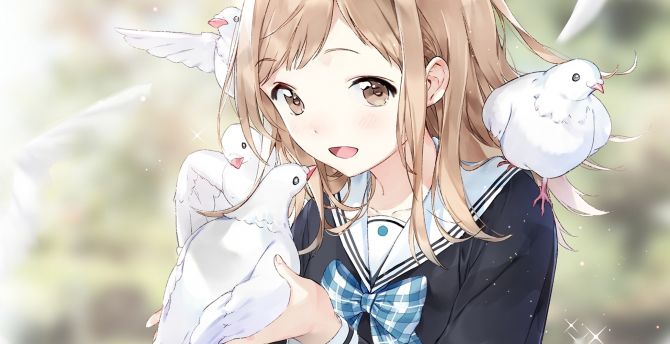 Mano Sakuragi and birds, video game, anime, cute wallpaper