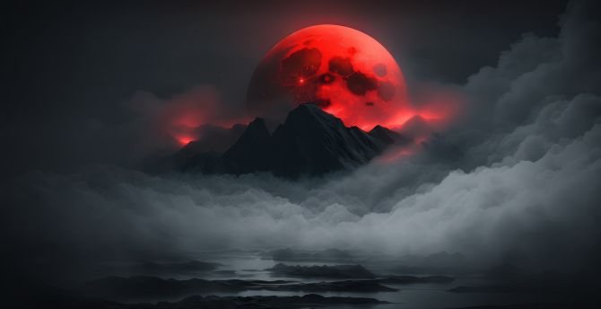 Red moon and dark mountains, art wallpaper