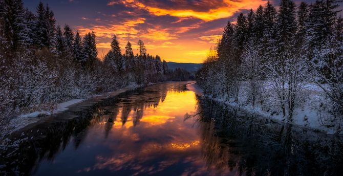 Wallpaper river, trees, winter, sunset, nature desktop wallpaper, hd image,  picture, background, 9bd0c0 | wallpapersmug