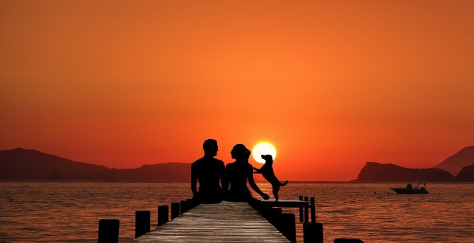 Couple, sunset, pier, silhouette wallpaper