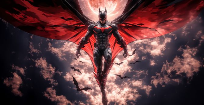 Batman beyond, high flying in sky, patrolling the city, batman wallpaper