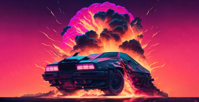 DeLorean car, Retrowave, car xplosion, art wallpaper