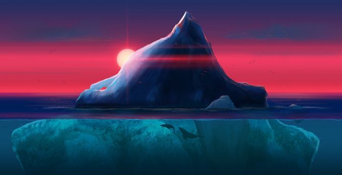 Sunset, iceberg, glacier, fishes, art wallpaper