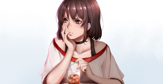 Curious, anime girl, drink wallpaper