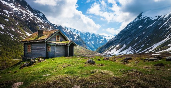 Valley house, wooden cabin, mountains, nature wallpaper