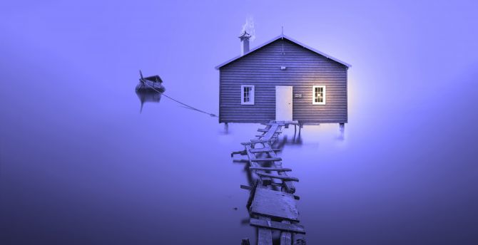 Lake, house, boat, broken birdge, violet, foggy day, minimal wallpaper