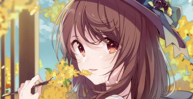 Autumn, tree branch, anime girl, cute wallpaper