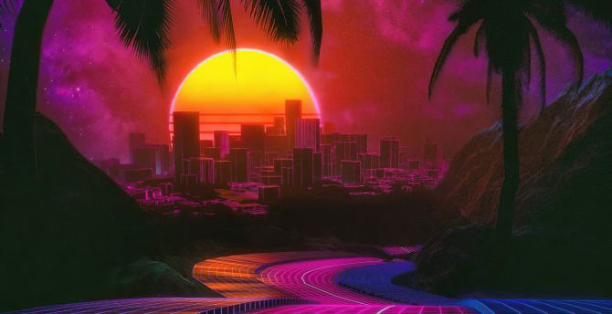 Outrun, road to city, night, digital art wallpaper