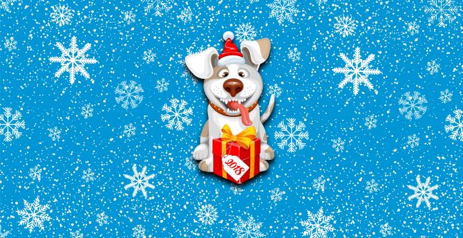 2018, happy new year, dog, gift box, Christmas wallpaper