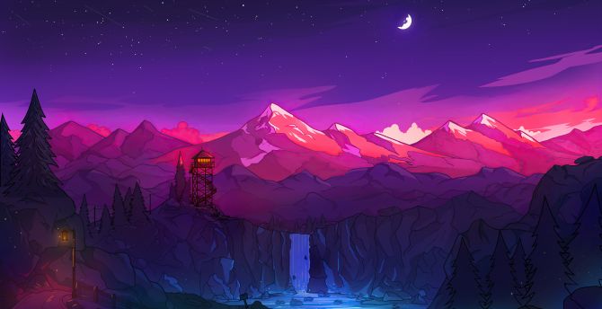 Colorful mountains, night, waterfall, minimal wallpaper