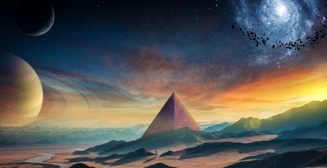 Desktop wallpaper planet, fantasy, pyramids, space ...