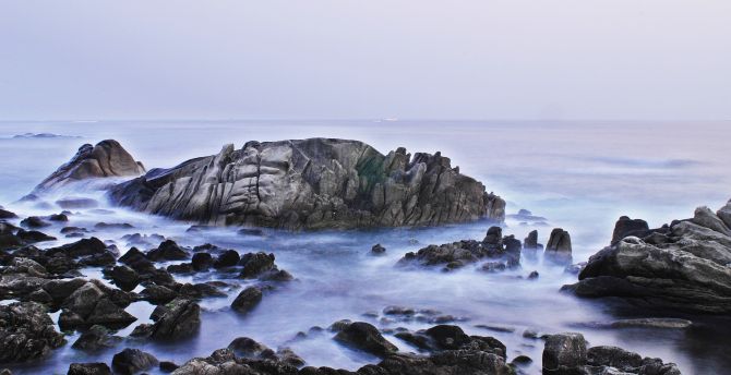 Rocks, coast, fog, nature wallpaper