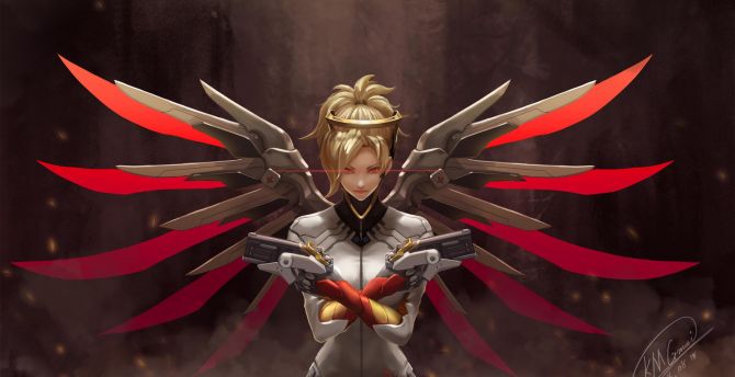 Mercy, overwatch, artwork, game, red wings wallpaper