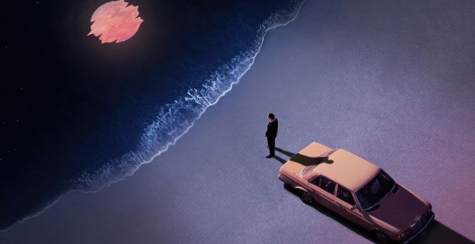 Lonely at night at the beach, car and man, art  wallpaper