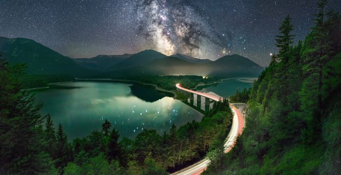 Milky way, road, long exposure, lake, night wallpaper