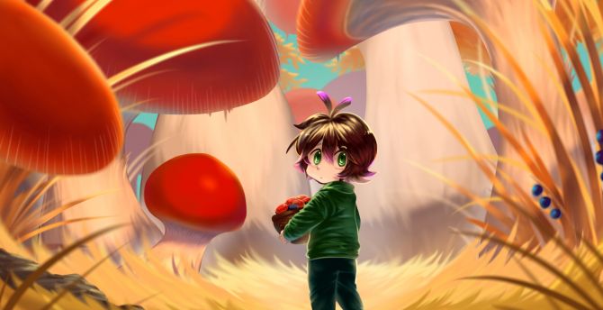 Original, anime, girl in mushrooms jungle wallpaper