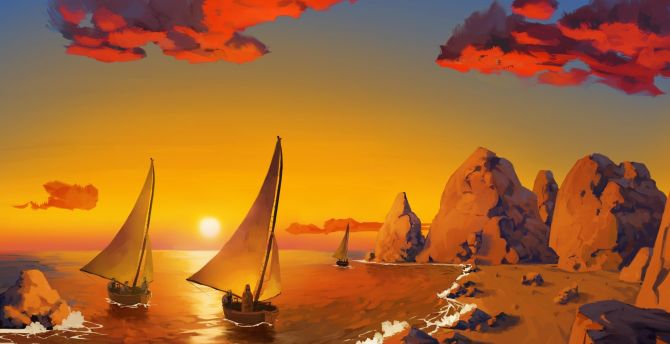 Sunset, sail-boats, ships, coast, art wallpaper