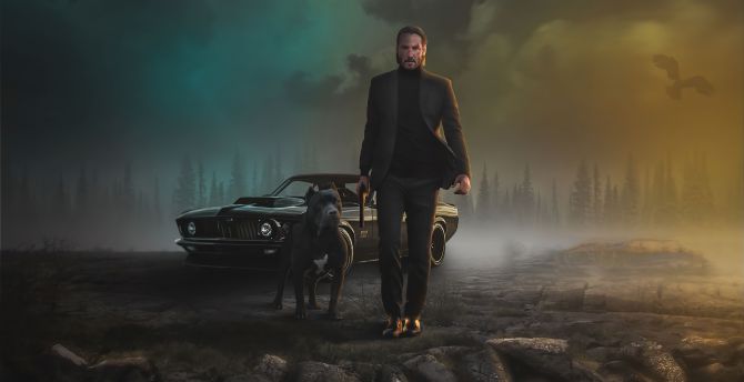 2020, John Wick and dog, movie art wallpaper