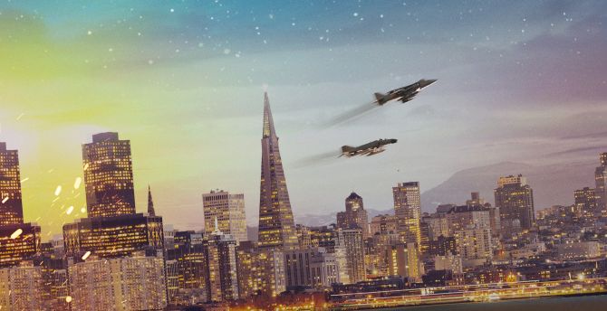 City, buildings, starry sky, aircrafts wallpaper