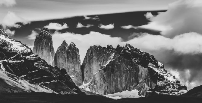 Torres del Paine National Park, mountains, black and white wallpaper