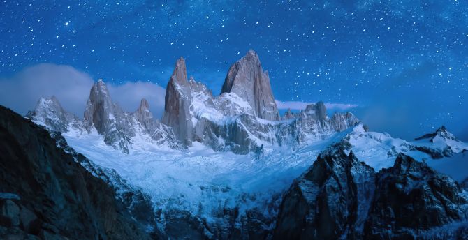 Night in mountains, snow-covered mountains, nature wallpaper