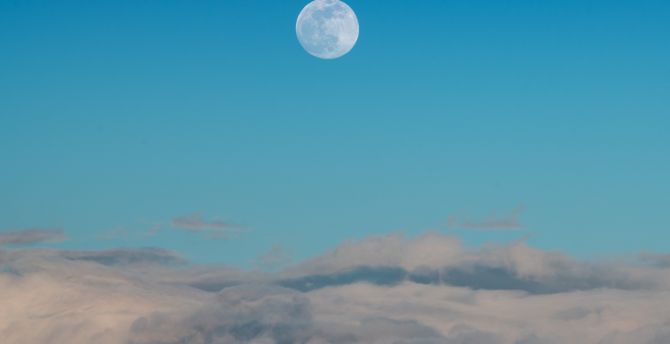 Moon, blue sky, landscape, hills, clouds, nature wallpaper