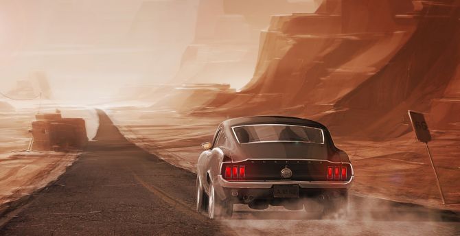 Ford Mustang, long, lone road, artwork wallpaper