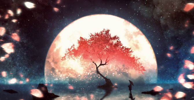 Desktop Wallpaper Red Tree Moon Light Fantasy Hd Image Picture Background A32312