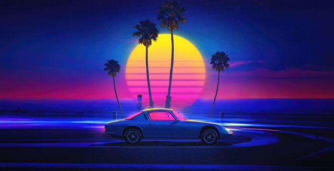Retrowave, cruising through night, the 80s car wallpaper