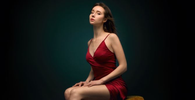 Red dress, beautiful girl sitting on table, pretty look wallpaper