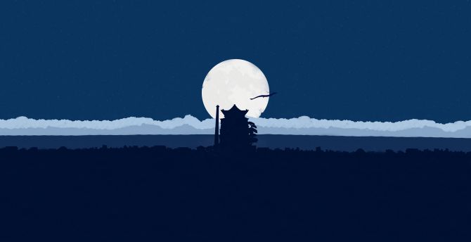 Moon, night, silhouette, castle, minimal wallpaper