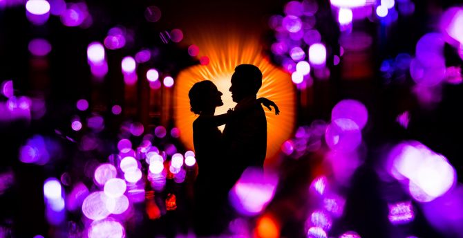 Couple, romantic love, silhouette, bokeh, purple wallpaper