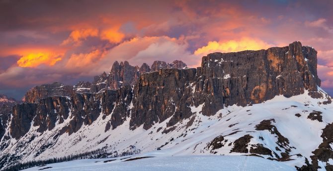 Winter, rocky mountains, sunset wallpaper