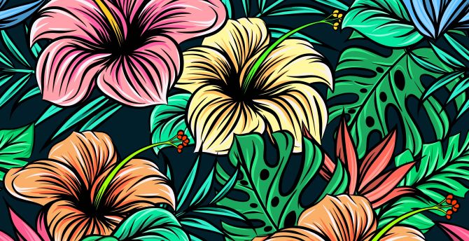 Colorful, flowers, leaf, digital art wallpaper