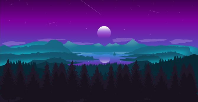 Horizon, moon, mountains, forest, digital art wallpaper