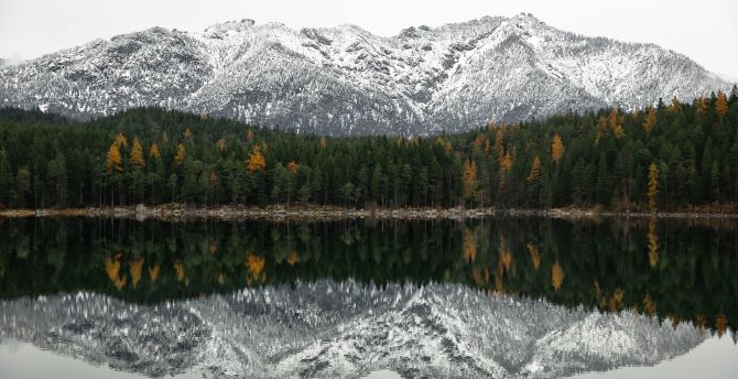Mountains, reflections, lake, tree wallpaper