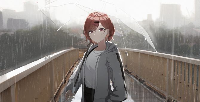 Rain, anime girl, redhead, umbrella wallpaper