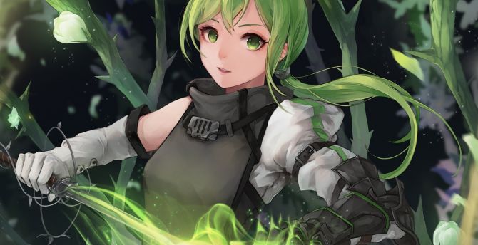 Desktop wallpaper green eyes, anime girl, warrior, hd ...