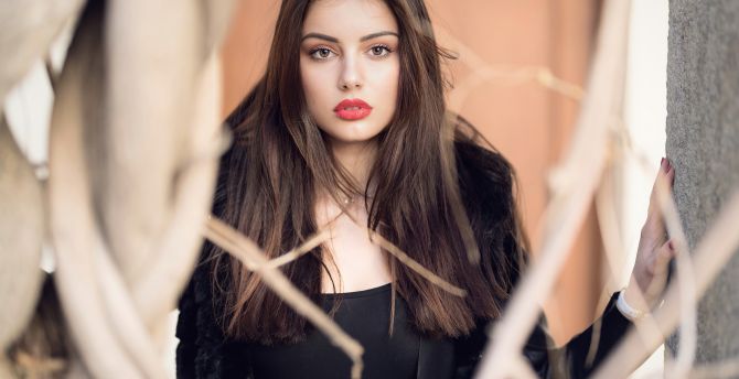 Girl in black jacket, gorgeous, brunette wallpaper
