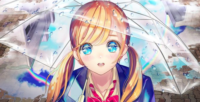 Blonde, anime girl, cute, umbrella wallpaper